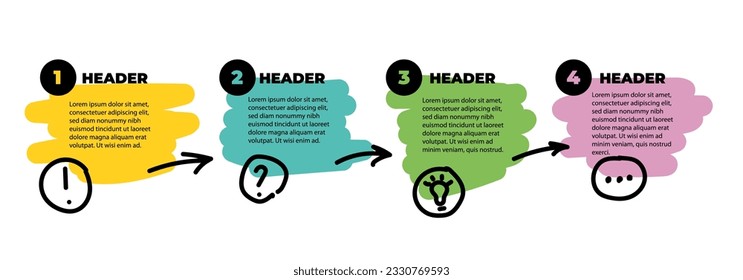 4 steps infographic with hand drawn text box, arrow, icons. Step by step manual instruction. Empty design template. Data visualization. Design element for presentation with copy space. Workflow layout