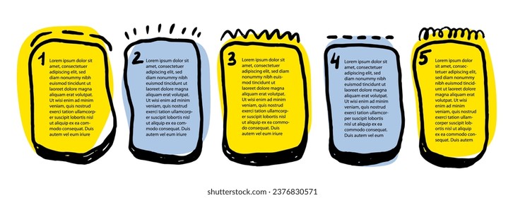 4 steps infographic with hand drawn text boxes. Step by step instruction. Empty chart design template. Data visualization. Design element for presentation with copy space. Workflow layout with list