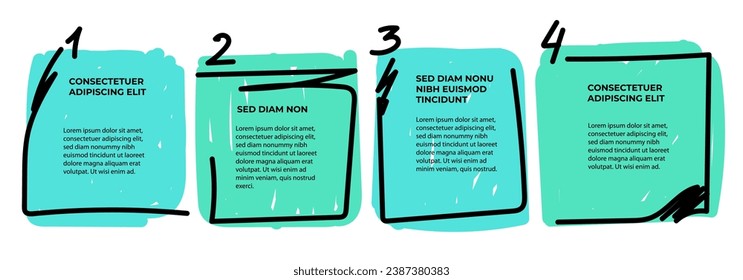 4 pasos infografía con cuadro de texto dibujado a mano. Instrucción paso a paso. Plantilla de diseño de progreso de manera vacía. Visualización de datos. Elemento de diseño para presentación con espacio de copia. Diseño de flujo de trabajo