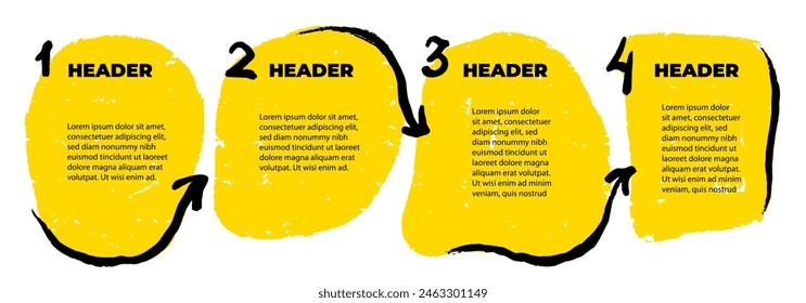 4 pasos infografía con cuadros de texto dibujados a mano y flechas. Instrucción manual paso a paso. Marcos de grunge. Elemento de diseño para presentación con espacio de copia. Plantilla de diseño vacía. Diseño de flujo de trabajo