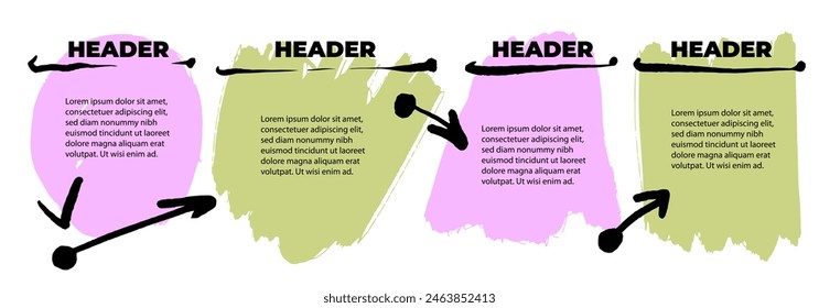 4 steps infographic with hand drawn text box, arrows. Step by step manual instruction. Grunge frames for text. Design element for presentation with copy space. Empty design template. Workflow layout