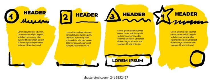 4 steps infographic with hand drawn text boxes and icons. Step by step manual instruction. Grunge frames. Design element for presentation with copy space. Empty design template. Workflow layout