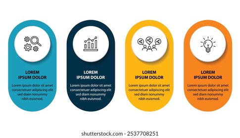 Plantilla de infografía de 4 pasos con 4 opciones. Diagrama de flujo que se puede utilizar para informes de negocio, visualización de datos y presentación. Ilustración vectorial de elementos infográficos de línea de tiempo.