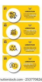 Plantilla de infografía de 4 pasos con 4 opciones. Diagrama de flujo que se puede utilizar para informes de negocio, visualización de datos y presentación. Ilustración vectorial de elementos infográficos de línea de tiempo.