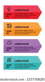 4 steps infographic template with 4 options. Flowchart that can be used for business report, data visualization and presentation. Timeline infographic elements vector illustration.