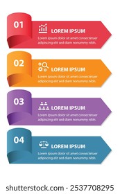 Plantilla de infografía de 4 pasos con 4 opciones. Diagrama de flujo que se puede utilizar para informes de negocio, visualización de datos y presentación. Ilustración vectorial de elementos infográficos de línea de tiempo.