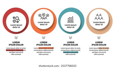 4 passos modelo infográfico com 4 opções. Fluxograma que pode ser usado para apresentação, visualização e relatório de negócios. Ilustração vetorial dos elementos infográficos da linha do tempo.