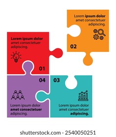 4 steps infographic template with 4 options. Flowchart that can be used for business report, data visualization and presentation. Timeline infographic elements vector illustration. Puzzles concept.