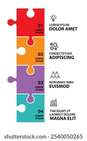 Plantilla de infografía de 4 pasos con 4 opciones. Diagrama de flujo que se puede utilizar para informes de negocio, visualización de datos y presentación. Ilustración vectorial de elementos infográficos de línea de tiempo. Puzzles concepto.