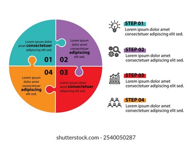 4-stufige Infografik-Vorlage mit 4 Optionen. Flussdiagramm, das für Geschäftsberichte, Datenvisualisierung und Präsentation verwendet werden kann. Infografische Elemente der Zeitleiste, Vektorgrafik. Rätsel-Konzept.
