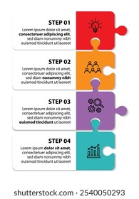 4 passos modelo infográfico com 4 opções. Fluxograma que pode ser usado para apresentação, visualização e relatório de negócios. Ilustração vetorial dos elementos infográficos da linha do tempo. Conceito de quebra-cabeças.
