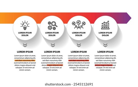 4 steps infographic template with 4 options. Flowchart that can be used for business report, data visualization and presentation. Timeline infographic elements vector illustration.