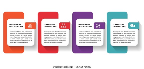 Plantilla de infografía de 4 pasos con 4 opciones. Diagrama de flujo que se puede utilizar para informes de negocio, visualización de datos y presentación. Ilustración vectorial de elementos infográficos de línea de tiempo.