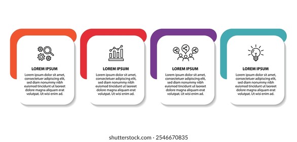 4 passos modelo infográfico com 4 opções. Fluxograma que pode ser usado para apresentação, visualização e relatório de negócios. Ilustração vetorial dos elementos infográficos da linha do tempo.
