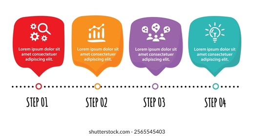 4 steps infographic template with 4 options. Flowchart that can be used for business report, data visualization and presentation. Timeline infographic elements vector illustration.