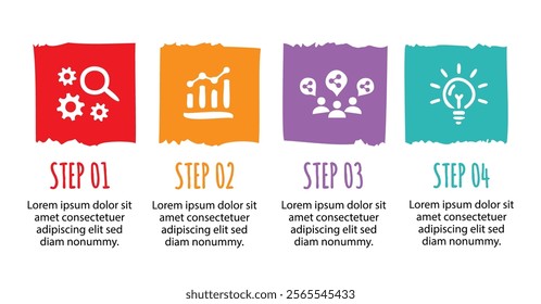 4 steps infographic template with 4 options. Flowchart that can be used for business report, data visualization and presentation. Timeline infographic elements vector illustration.