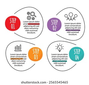 4 steps infographic template with 4 options. Flowchart that can be used for business report, data visualization and presentation. Timeline infographic elements vector illustration.