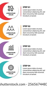 4 steps infographic template with 4 options. Flowchart that can be used for business report, data visualization and presentation. Timeline infographic elements vector illustration.