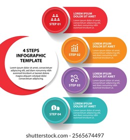 4 steps infographic template with 4 options. Flowchart that can be used for business report, data visualization and presentation. Timeline infographic elements vector illustration.