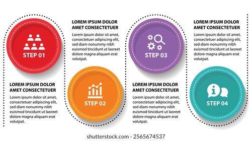 4 steps infographic template with 4 options. Flowchart that can be used for business report, data visualization and presentation. Timeline infographic elements vector illustration.