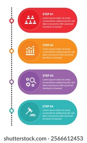 4 steps infographic template with 4 options. Flowchart that can be used for business report, data visualization and presentation. Timeline infographic elements vector illustration.