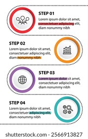 4 steps infographic template with 4 options. Flowchart that can be used for business report, data visualization and presentation. Timeline infographic elements vector illustration.