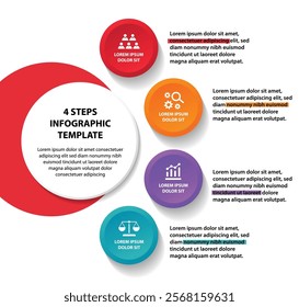 4 steps infographic template with 4 options. Flowchart that can be used for business report, data visualization and presentation. Timeline infographic elements vector illustration.