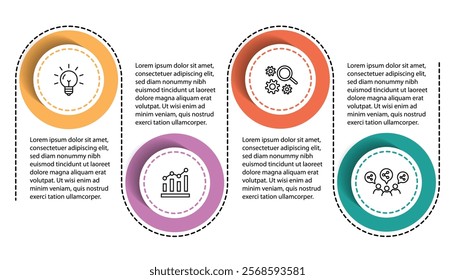 4 steps infographic template with 4 options. Flowchart that can be used for business report, data visualization and presentation. Timeline infographic elements vector illustration.