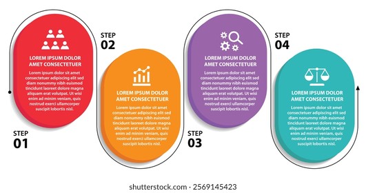 4 steps infographic template with 4 options. Flowchart that can be used for business report, data visualization and presentation. Timeline infographic elements vector illustration.