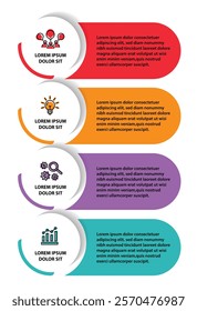 4 steps infographic template with 4 options. Flowchart that can be used for business report, data visualization and presentation. Timeline infographic elements vector illustration.