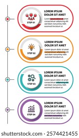 4 steps infographic template with 4 options. Flowchart that can be used for business report, data visualization and presentation. Timeline infographic elements vector illustration.