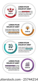 4 steps infographic template with 4 options. Flowchart that can be used for business report, data visualization and presentation. Timeline infographic elements vector illustration.
