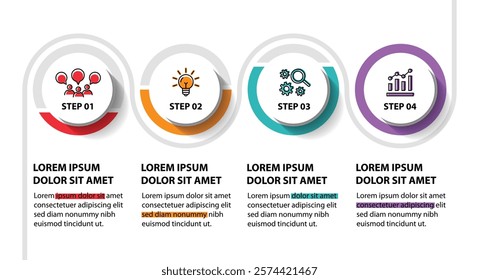 4 steps infographic template with 4 options. Flowchart that can be used for business report, data visualization and presentation. Timeline infographic elements vector illustration.
