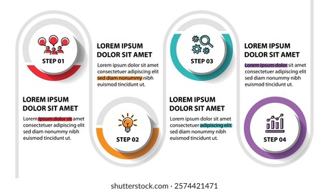 4 steps infographic template with 4 options. Flowchart that can be used for business report, data visualization and presentation. Timeline infographic elements vector illustration.