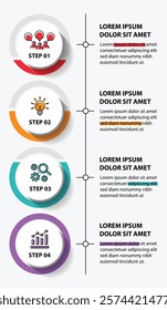 4 steps infographic template with 4 options. Flowchart that can be used for business report, data visualization and presentation. Timeline infographic elements vector illustration.