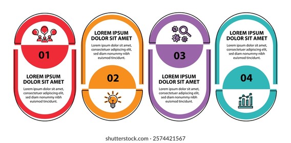 4 steps infographic template with 4 options. Flowchart that can be used for business report, data visualization and presentation. Timeline infographic elements vector illustration.