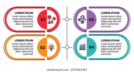 4 steps infographic template with 4 options. Flowchart that can be used for business report, data visualization and presentation. Timeline infographic elements vector illustration.