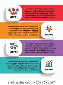 4 steps infographic template with 4 options. Flowchart that can be used for business report, data visualization and presentation. Timeline infographic elements vector illustration.