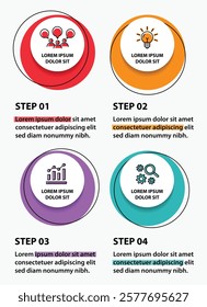 4 steps infographic template with 4 options. Flowchart that can be used for business report, data visualization and presentation. Timeline infographic elements vector illustration.
