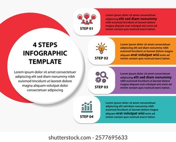 4 steps infographic template with 4 options. Flowchart that can be used for business report, data visualization and presentation. Timeline infographic elements vector illustration.
