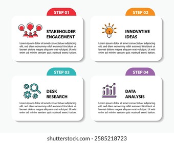 4 steps infographic template with 4 options. Flowchart that can be used for business report, data visualization and presentation. Timeline infographic elements vector illustration.