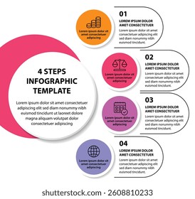 4 steps infographic template with 4 options. Flowchart that can be used for business report, data visualization and presentation. Timeline infographic elements vector illustration.