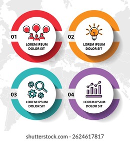 Plantilla de infografía de 4 pasos con 4 opciones. Diagrama de flujo que se puede utilizar para informes de negocio, visualización de datos y presentación. Ilustración vectorial de elementos infográficos de línea de tiempo.