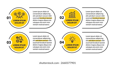 Plantilla de infografía de 4 pasos con 4 opciones. Diagrama de flujo que se puede utilizar para informes de negocio, visualización de datos y presentación. Ilustración vectorial de elementos infográficos de línea de tiempo.