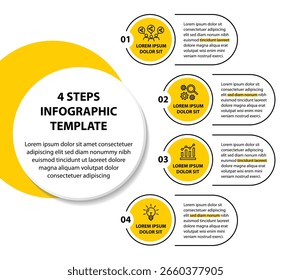 Plantilla de infografía de 4 pasos con 4 opciones. Diagrama de flujo que se puede utilizar para informes de negocio, visualización de datos y presentación. Ilustración vectorial de elementos infográficos de línea de tiempo.