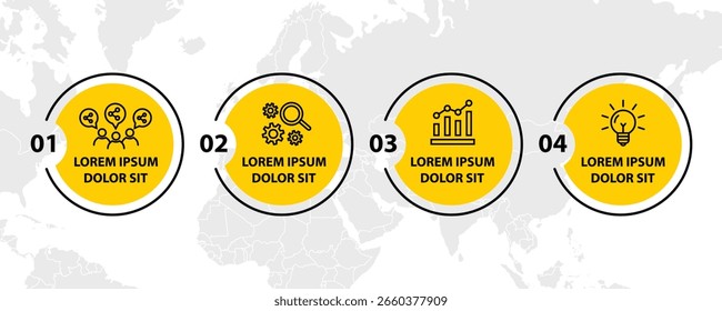 Plantilla de infografía de 4 pasos con 4 opciones. Diagrama de flujo que se puede utilizar para informes de negocio, visualización de datos y presentación. Ilustración vectorial de elementos infográficos de línea de tiempo.