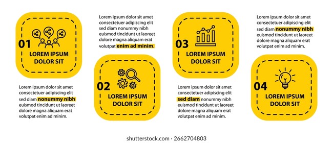 Plantilla de infografía de 4 pasos con 4 opciones. Diagrama de flujo que se puede utilizar para informes de negocio, visualización de datos y presentación. Ilustración vectorial de elementos infográficos de línea de tiempo.