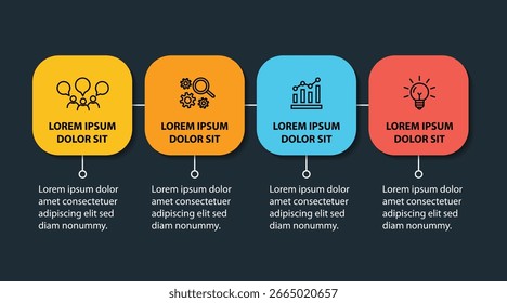 4 passos modelo infográfico com 4 opções. Fluxograma que pode ser usado para apresentação, visualização e relatório de negócios. Ilustração vetorial dos elementos infográficos da linha do tempo.