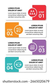 Plantilla de infografía de 4 pasos con 4 opciones. Diagrama de flujo que se puede utilizar para informes de negocio, visualización de datos y presentación. Ilustración vectorial de elementos infográficos de línea de tiempo.