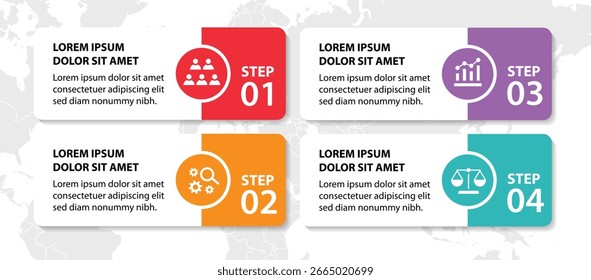4 passos modelo infográfico com 4 opções. Fluxograma que pode ser usado para apresentação, visualização e relatório de negócios. Ilustração vetorial dos elementos infográficos da linha do tempo.